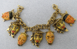 Mid Century Charm Bracelet Mask Faces Early Plastic Fold Over Catch 7.75&quot; Long - £116.92 GBP