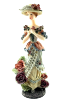 Victorian Lady Figurine Resin Cabbage Rose Dress Feathered Hat Pink Green 5&quot; - £15.39 GBP