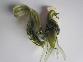 Beautiful Unique Art Glass Green Rooster Hand Blown Depression Stand 11.5&quot; Tall - £25.05 GBP