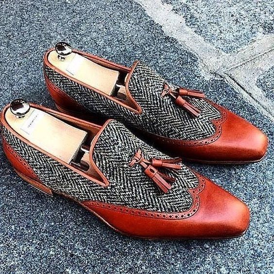 NEW Handmade Men's Tan Beige Wing Tip Shoes, Men's Leather Tweed Tussles Formal