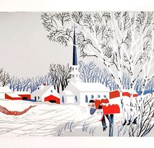 1960s Christmas Card Lithograph Winter New England Church Scene Ephemera... - $18.59
