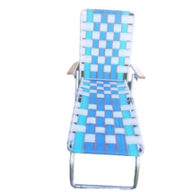 Folding Webbed Chaise Lounge Chair Aluminum Frame Blue White Stripes Beach Pool - £48.95 GBP