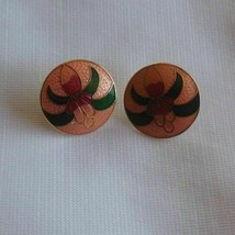 Cloisonné Enamel Pink Floral W/Green Leaves Round Stud Earrings - £15.48 GBP