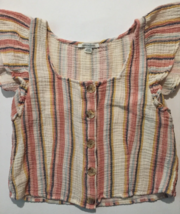 American Eagle blouse size M women button close cropped striped 100% cotton - $9.85