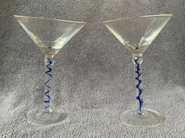 2 Cobalt Blue Spiral Swirl Stem Flared Rim Martini Glass 7” Tall Clear Cup - $21.99