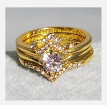 GOLD 3 PIECE RHINESTONE COCKTAIL RING SIZE 5 6 7 8 9 10 - £31.49 GBP