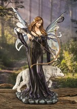 Moon Goddess Artemis Fairy with White Snow Wolf Drawing Bow and Arrow Statue - £87.92 GBP