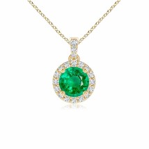 Authenticity Guarantee 
Round Emerald Dangle Pendant with Diamond Halo in 14K... - £864.95 GBP