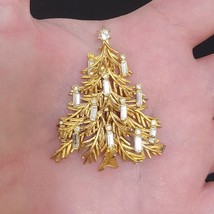 Vintage Signed M. Jent Classic Gold Christmas Tree Brooch Crystal Candles Star - £26.64 GBP