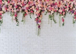 7x5ft White Brick Wall Flowers Backdrop Tea Party Backdrop Valentine&#39;s Mother&#39;s  - £23.66 GBP