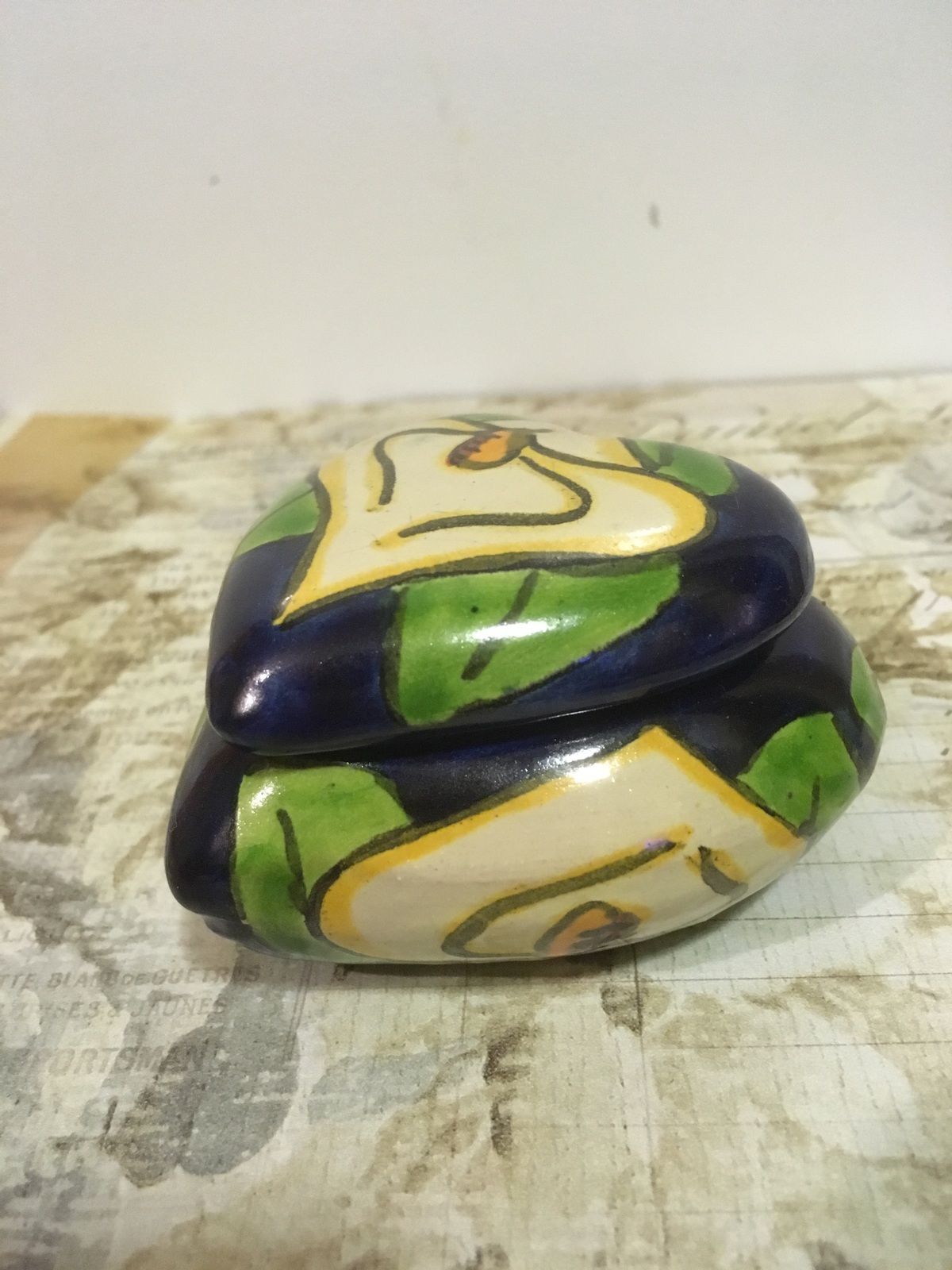 Vintage Heart Shaped Lily Trinket Box Signed Folk Art Mexican Pottery  - $8.00