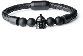 COAI Matte Onyx Stone Spartan Helmet Leather Bracelet for Men - £52.06 GBP