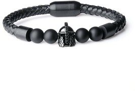 COAI Matte Onyx Stone Spartan Helmet Leather Bracelet for Men - £49.19 GBP