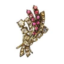 Vintage Bouquet Brooch Pin Gold Tone Pink Clear Rhinestones 2 x 1 inch - £12.64 GBP