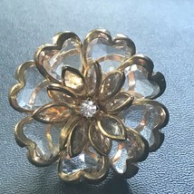 Estate Large Layered Clear Plastic &amp; Goldtone Flower w Center Clear Rhin... - £9.01 GBP