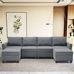 Modern Linen Fabric U-Shaped 6 Seat Sectional Sleeper Couch With Reversi... - $926.99