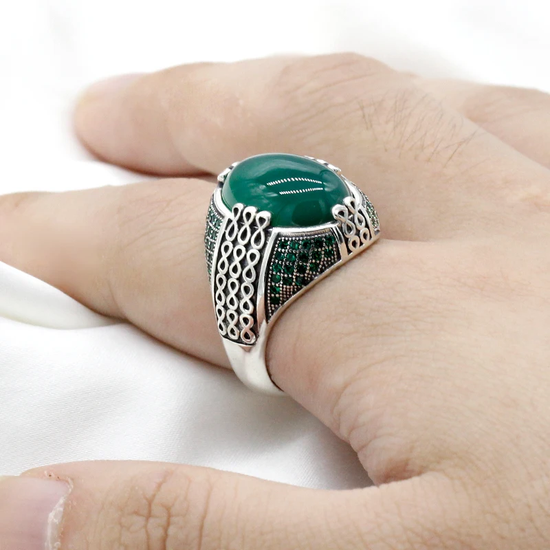 Solid 925 Sterling Silver Men Ring Women Ring Natural Agate Stone Handmade Turki - £45.79 GBP