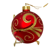 Vintage UT Red and Gold Glitter Glass Christmas Ball Ornament 3.5 in - £11.71 GBP