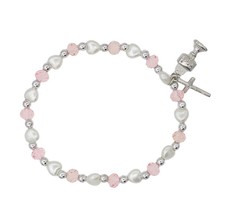 Girl&#39;s First Communion Pink and White Stretch Bracelet - $51.49