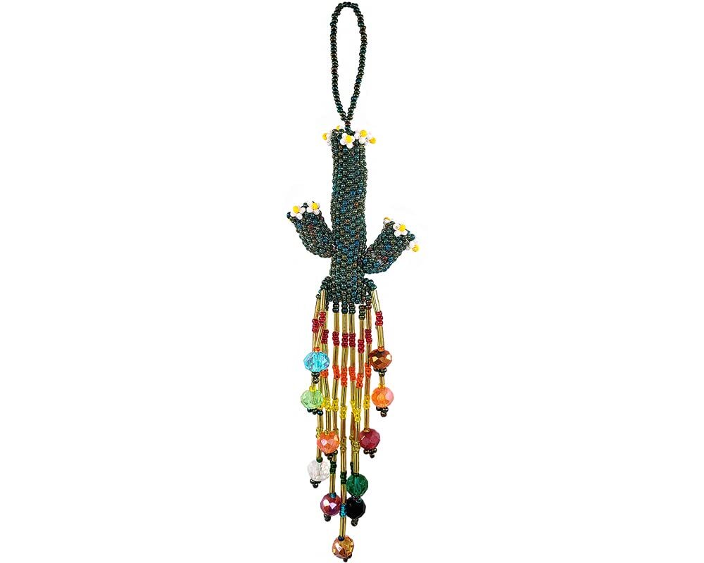 Green Floral Cactus Hanging Figurine Ornament Czech Glass Seed Bead Frin... - $19.79