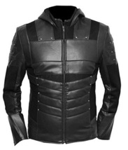 Mens Leather Jacket Arrow Oliver Green Hoodie Black - £129.59 GBP