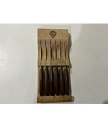Vintage Set Of 6 Flint USA Wood Handle Steak Knives Wooden Case Waverly ... - $25.00