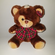 VTG Dan Dee Brown Teddy Bear Plush Red Black Yellow Plaid Bow Heart Shaped Nose - £26.72 GBP