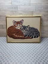 Vintage Cat Needlepoint Framed Orange Tabby Gray Tabby 16&quot; x 12&quot; Gold Fr... - £51.43 GBP