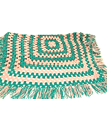 Vintage Crochet Blanket Throw Pink Turquoise Fringed 45 x 45 Handmade - $26.00
