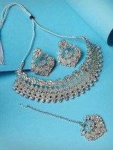 Rhodium Plated Silver Ad Stone Studded Choker Necklace Set Women Kundan Jewelry - £16.49 GBP