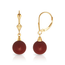 9mm Ball Shaped Dark Red Coral Leverback Dangle Earrings 14K Solid Yello... - $93.49