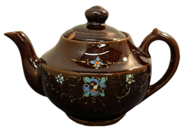 Vintage Teapot Brown Redware Japanese Hand Painted purple flower - £6.98 GBP