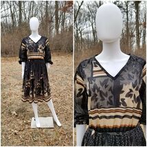 Vintage 1970s Fit &amp; Flare black secretary Semi Sheer Leaf Print Midi Dre... - $37.62