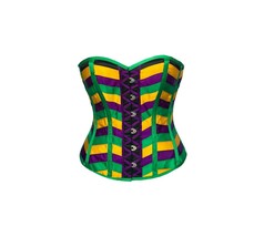 Green Purple and Yellow Striped Mardi Gras Costume Satin Corset Top - £74.78 GBP