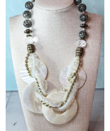 Bold Statement Mother of Pearl Disc Beaded Necklace - Boho Tribal Glam - $14.85