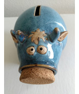 Cow Ceramic bank Blue Glaze Cork Snout Art Pottery piggy bank Cross eyed... - £15.21 GBP