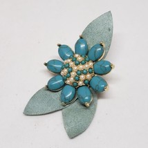 Vintage Monet Suede Flower Brooch Pin Turquoise Blue Faux Pearls Rare - £23.55 GBP