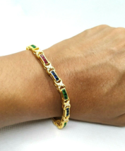 14K Gold Plated Silver Lab-Created Emerald Sapphire Ruby Tennis Bracelet 7.25&quot; - £374.84 GBP
