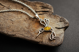 Delicate, minimalist Hummingbird pendant with amber - £41.47 GBP
