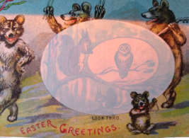 Hold To Light Easter Fantasy Postcard Look Thro Musical Bears Owl Squirrel Egg - £54.95 GBP