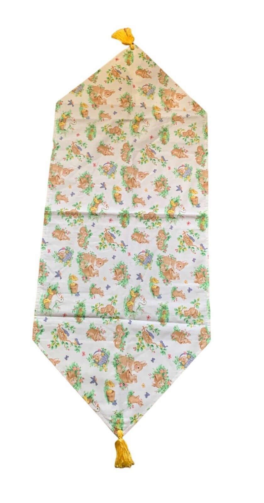 Vintage Easter Bunny &amp; Duck Table Runner with Yellow Tassels - $20.57