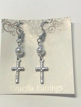 Crucifix &amp; Faux Pearl Earrings, Silvertone, New - £3.10 GBP
