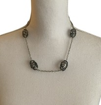 Chunky Art Glass Beaded Clear Black Swirl Necklace Silver Tone 21” Statement - £9.45 GBP