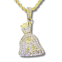 Mini Money Bag CZ Pendant Icy 14k Gold Plated 24&quot; Rope Necklace Hip Hop - £8.81 GBP