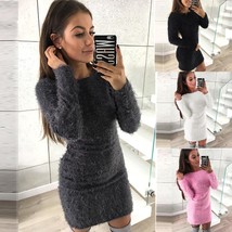 Women Winter Long Sleeve Solid Sweater Fleece Warm Basic Short Mini Dress - £23.76 GBP
