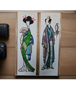 Vintage Pebble Wall Art Japanese Couple Geisha and Man Mid Century Moder... - $69.10