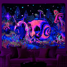 Blacklight Skull Tapestry UV Reactive Mushroom Tapestry Colorful Wall Hanging - £11.41 GBP