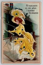 Lovely Lady Glamour Girl Yellow Dress and Hat Boarding Ship Postcard H25 - £3.82 GBP