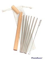 Set of 6 Reusable Straws with Case- Stainless Steel Silver – Long Metal Drinking - £7.98 GBP