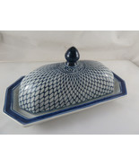Porcelain Blue White Butter Dish with Hand Painted net look Made in Thai... - $43.31 CAD